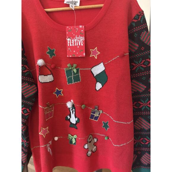 Feeling Festive Ugly Christmas Sweater Holiday Party Red Stockings Hats XXL - Picture 2 of 4
